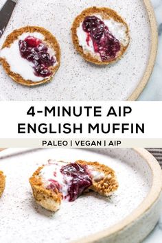 four mini english muffins on a plate with the words 4 - minute appetizer