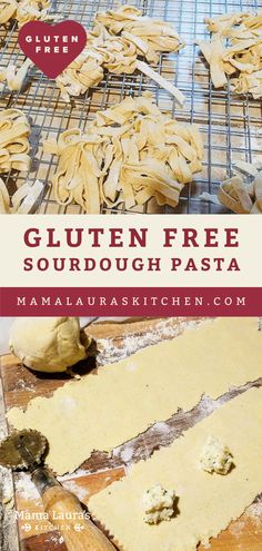 gluten free sourdough pasta on a cooling rack with text overlay that reads gluten free sourdough pasta