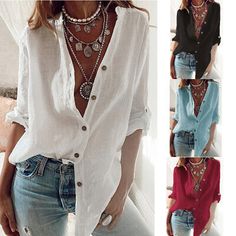 Find ideas๏ฟฝand inspiration for Plus Size Women Long Button Up Blouse Ladies Long Sleeve Casual Plain Shirt Tops , Womens Tops Casual White Shirt, Ladies Long Top, Ladies Office, V Neck Shirts, Linen Shirts Women, Straight Clothes, Fall Blouse, Long Sleeve Tops Casual, Women Long Sleeve Tops