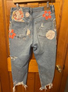 Distressed Zombie Rag Doll Jeans/hipster Jeans/grunge Jeans/boho/vintage Jeans/womens Jeans/flower Patches/american Eagle - Etsy Bohemian Denim Bottoms With Floral Print, Bohemian Denim Blue Jeans For Festivals, Handmade Denim Bohemian Bottoms, Bohemian Straight Leg Jeans With Floral Embroidery, Handmade Bohemian Denim Bottoms, Bohemian Denim Jeans For Festival, Festival Denim Jeans With Patches, Bohemian Denim Jeans, Bohemian Jeans With Patches For Festival