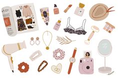 an assortment of women's clothing and accessories arranged on a white background with clippings