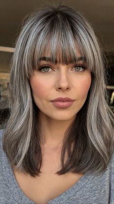 medium length gray hairstyles with bangs Hairstyles With Bangs Medium, Gray Hairstyles With Bangs, Bangs Medium Length, Grey Hair With Bangs, Light Brunette Hair, Grey Hairstyles, Long Silver Hair, Gray Hairstyles, Grey Hair Looks