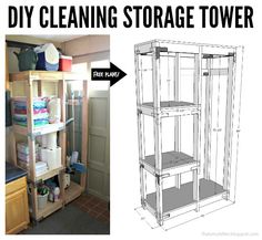 the diy cleaning storage tower is shown next to an image of it's measurements