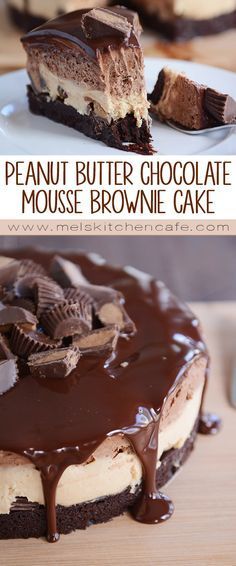 a piece of peanut butter chocolate mousse brownie cake