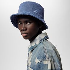 LOUIS VUITTON® - Everyday Reversible Bucket Hat - Bleu Denim Patent Leather Bucket Hat, Bucket Hat Louis Vuitton, Denim Bucket Hat, Reversible Bucket Hat, Louis Vuitton Official, Indigo Blue, Hats For Men, Bucket Hat, Blue Denim