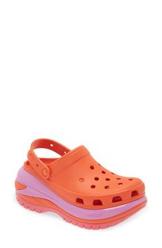 A street-savvy take on a CROCS classic, this slingback clog is elevated with a chunky, stacked platform and enhanced tread that's ready for adventure. 2 1/2" heel; 1 3/4" platform (size 8) Synthetic upper, lining and sole Imported Casual Synthetic Clogs With Lug Sole, Outdoor Synthetic Platform Clogs, Platform Synthetic Clogs For Streetwear, Synthetic Platform Clogs For Streetwear, Streetwear Synthetic Platform Clogs, Sporty Platform Clogs In Synthetic Material, Sporty Platform Clogs With Synthetic Material, Synthetic Clogs For Outdoor Activities In Spring, Mega Crush Clog