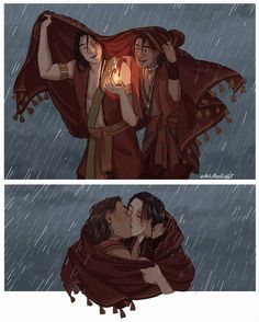 two pictures of people in the rain with one holding a candle and the other kissing