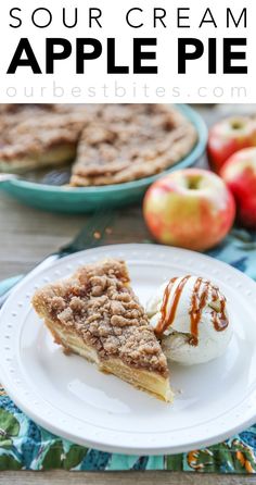 an apple pie and some ice cream on a white plate