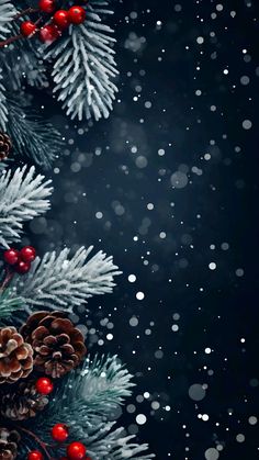 pine cones and berries are on the branches of a christmas tree with snow flakes