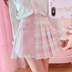 Cute Pleated Pink White Checked Skirts Sakura Skirt, Kawaii Skirt, Korean Skirt, Patchwork Skirt, Flower Skirt, Plaid Mini Skirt, Kawaii Clothes, Cute Skirts, Pink Plaid