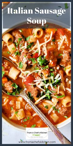 italian sausage soup in a white bowl with a spoon