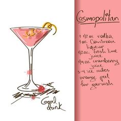 a pink card with a drawing of a cocktail