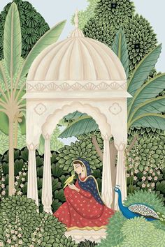 a painting of a woman sitting under a gazebo surrounded by trees and flowers with a peacock nearby