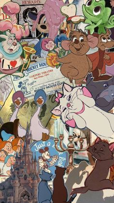 many disney characters are grouped together in this collage with the castle and other buildings behind them