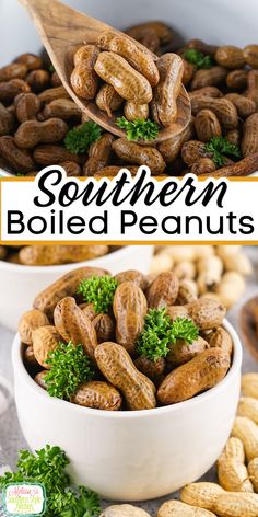 a bowl full of boiled peanuts with the words southern boiled peanuts above it