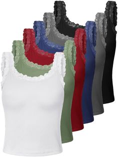 PRICES MAY VARY. Lace Tank Tops: lace straps cami uses lace trim design at the neckline and shoulder strap, besides womens lace camisole adopts scoop neck, which can show your charm; Lace camisoles undershirt is elegant and charming, which can make you stand out in the crowd 6 Colors: you will receive 6 pieces of women's lace patchwork camisole in different colors; A variety of colors can meet your daily matching and replacement needs; The simple and classic lace trim cami undershirt is more sui Trim Design, Lace Trim Cami, Lace Vest, Lace Straps, Lace Camisole, Lace Patchwork, Tank Top Camisole, Ribbed Tank Tops, Lace Cami