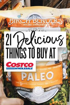 someone holding up a bag of chips with the words 21 delicious things to buy at costco