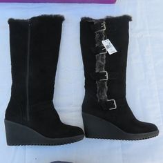 Faux Fur With Four Buckles And Full Zipper 16" Tall Wedge Boots, Womens Shoes Wedges, Black Gray, Faux Fur, Black And Grey, Wedges, Size 7, Women Shoes, Zipper