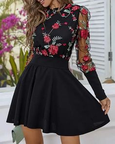 Lasaky - Floral Embroidery Sheer Mesh Casual Dress Fall Party Long Sleeve Embroidered Dress, Embroidered Party Dress For Fall, Fitted Long Sleeve Dress With Embroidered Hem, Spring Party Dress With Embroidered Sleeves, Fitted Long Sleeve Embroidered Dress With Embroidered Hem, Fall Party Embroidered Floral Dress, Fitted Long Sleeve Dress With Floral Embroidery, Long Sleeve Embroidered Mini Dress For Fall, Fitted Long-sleeve Embroidered Dress With Floral Applique