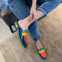 2004BLB61211 (9) Mules Shoes Heels, Half Slippers, Block Heel Loafers, Clog Heels, Genuine Leather Shoes, Rainbow Color, Shoes Heels Pumps, Leather Shoes Woman, Heeled Loafers