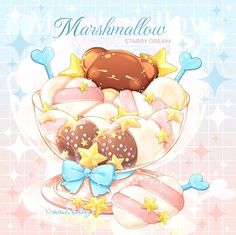 an illustration of marshmallows and stars in a bowl