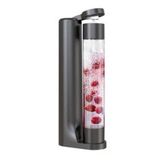 a water dispenser with ice and raspberries in it on a white background