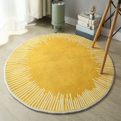 a yellow and white rug in a living room