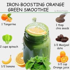 an orange and green smoothie in a mason jar with the ingredients to make it