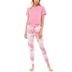 A Solid Top Pairs With Printed Jogger Pants On This Ultra-Soft Pajama Set From Roudelain. Comfortable Pink Loungewear Sets, Comfortable Pink Loungewear Pants, Comfortable Pink Pants For Loungewear, Comfortable Pink Lounging Pants, Comfortable Pink Sleepwear, Comfortable Pink Sleepwear For Loungewear, Comfortable Pink Lounging Sleepwear, Comfortable Pink Sleepwear For Lounging, Pink Casual Sleepwear For Loungewear