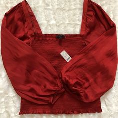 Adorable Crop Top, Color Is More Of Brick Red Not True Red. Has Lined Sleeves So They Stay On. Perfect Combination With High Waisted Jeans. Red Casual Top For Brunch, Long Sleeve Smock Top For Brunch, Casual Red Top For Brunch, Red Puff Sleeve Top With Ruffles, Long Sleeve Stretch Top With Smocked Back, Long Sleeve Tops With Smocked Back And Stretch, Trendy Smock Tops For Brunch, Casual Tops With Elastic Sleeves For Brunch, Chic Red Top With Smocked Back