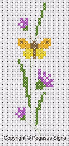 a cross stitch pattern with flowers and butterflies on the front, in yellow, purple, and green