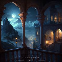 an image of a balcony at night with the moon in the sky and mountains behind it