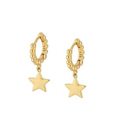 You're a star. Show the world in the Beaded Star Huggiesl These dainty earrings hug the lobe tightly, and they're the perfect size for layering and creating your dreamy ear stack! Add our Teeny Moon or Lighting Bolt Studs or added sparkle! DETAILS & SIZE Sold as a pair Finish: 18k gold plate, Sterling silver Material: .925 sterling silver Measurements: Stars: 8mm; Hoops inner diameter: 9mm Hinged hoops with a secure snap post closure Shop our Beaded series! Or shop the Ear Bar to start your ear Beaded Star, Lighting Bolt, Gold Star Earrings, Star Show, Ear Stack, Star Earrings Stud, Stacked Jewelry, Jewelry Card, Gold Filled Earrings