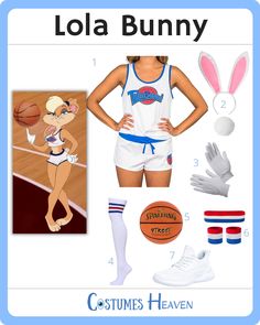 the costume for lola bunny is shown in blue and white, with an image of a