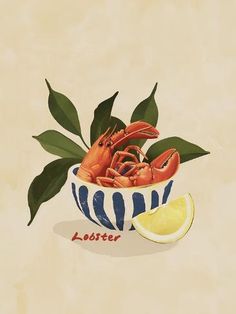 a painting of lobsters in a blue and white bowl next to lemon wedges