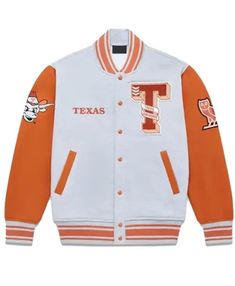 NCAA Texas Longhorns OVO Letterman Varsity Jacket Orange Fleece Jacket, Orange Fleece, Womens Black Leather Jacket, Grey And Orange