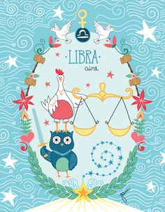 the libra zodiac sign with two owls sitting on top of each other and stars around it