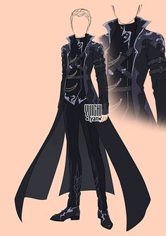 an anime character is standing in front of a pink background and wearing black clothes with silver accents