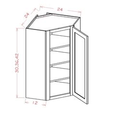 a drawing of a cabinet with the door open and shelves on each side, showing measurements for