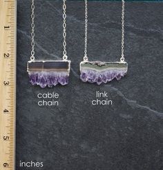 Amethyst Stalactite with druzy crystal formations, edged in silver on a custom length Sterling Silver chain in two chain designs:  cable or link chain. Due to the raw nature of this stone, each pendant varies in color & size, select a pendant you like. Each pendant is unique and gorgeous just like YOU! Amethyst is the stone of spirituality and assist  in calming the mind, allowing restful sleep and reducing stress. Your necklace will arrive with a descriptive hang tag, wrapped in  tissues paper Luxury Amethyst Crystal Necklaces For Gifts, Purple Amethyst Necklace With Raw Stone, Purple Amethyst Crystal Necklaces With Natural Stones, Purple Amethyst Crystals For Jewelry Making, Purple Amethyst Jewelry With Raw Stones, Purple Amethyst Geodes With Natural Stones, Amethyst Properties, Amethyst Stalactite, Crystal Formations