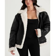 New Without Tag Size L Black Armpit To Armpit: 26" Sleeve:27" Total Length: 29" Look Cool While Feeling Warm In This Faux-Leather Jacket Sporting A Bomber Silhouette And Cozy Faux-Shearling Trim. Composition:50% Pu, 50% Cotton Lining:100% Polyester Dry Clean Made In Philippines Black Shearling Outerwear For Fall, Black Shearling Biker Jacket For Fall, Black Shearling Leather Jacket, Black Sherpa Outerwear, Chic Black Shearling Outerwear, Black Shearling Biker Jacket With Long Sleeves, Black Armpits, Cropped Leather Jacket With Fur, Black Shearling Biker Jacket With Faux Fur Lining