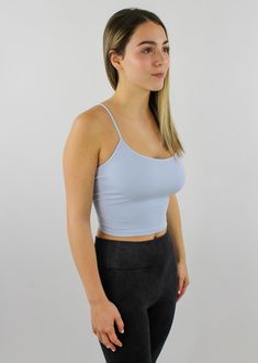 baby blue, scoop neck, cropped, spaghetti strap, criss cross strappy back detail, open back, comfortable, tank top, bra top, activewear-Rock N Rags Going Out Tops, Work It, Workout Tanks, Basic Tops, Rock N, Low Back, Colorful Fashion, Black Leggings, Boutique Clothing