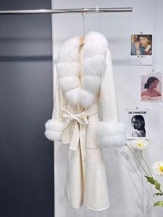 Petra White Fox Fur Trim Long Wool Wrap Coat - ALLARA Wool Wrap Coat, Tie For Women, Fur Collar Coat, Pink Fox, Real Fur Coat, Long Coat Women, Wool Wrap, Long Trench, Wrap Coat