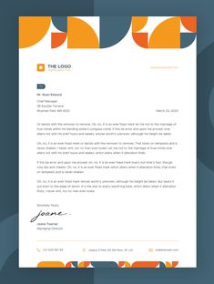 a letterhead with an orange and blue design