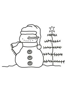 a black and white drawing of a snowman next to a christmas tree