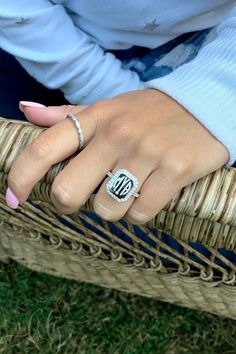 Holy flexibility! This sterling silver monogram ring features a smooth edged rectangular design complemented with a decorative band. You can stack them or separate them! This is pretty much a two for one deal. You cannot beat that! *THE SILVER NECKLACE AND EARRINGS ARE ALL SILVER. THERE IS NO BLACK BACKGROUND. THE BLACK SHOWN IS A REFLECTION* Initials will be in the order of First, Last, Middle. For instance if your name is Kelly Marie Brown your initials will be monogrammed in the order KBM.  Please select preferred font style and initials from the drop-down boxes to make this ring truly unique to you! Valentine Gift For Mom, Monogram Rings, Silver Initial Ring, Rings Stacking, Trendy Rings, Stackable Ring Sets, Silver Monogram, Monogram Ring, Stacking Ring Set