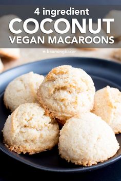 four ingredient coconut vegan macaroons on a black plate with text overlay