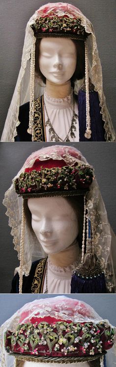 Traditional festive headgear from the Olti/Oltu region (North of Erzurum province). Well-to-do Armenian, c. 1900. The felt hat is adorned with needle work, small Ottoman copper coins, 2 x four lines of: wild pearls + one silver coin, and a gilt silver clasp holding a purple silk tassel; the tassel is attached to the hat by a string of blue glass pearls. A large silk scarf with embroidered edges completes the headgear. (Inv.nrs. ba$023 & yaz069 - Kavak Costume Collection - Antwerpen/Belgium). Armenian Culture, Small Ottoman, National Clothes, Large Silk Scarf, Copper Coins, National Dress, Art Dolls Handmade, Costume Collection