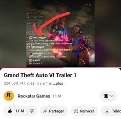 an iphone screen with the text grand thief auto vi trailer 1 and rockstar games 11m