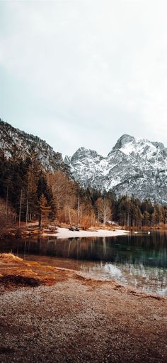 the mountains are covered in snow and there is a lake surrounded by trees with no leaves